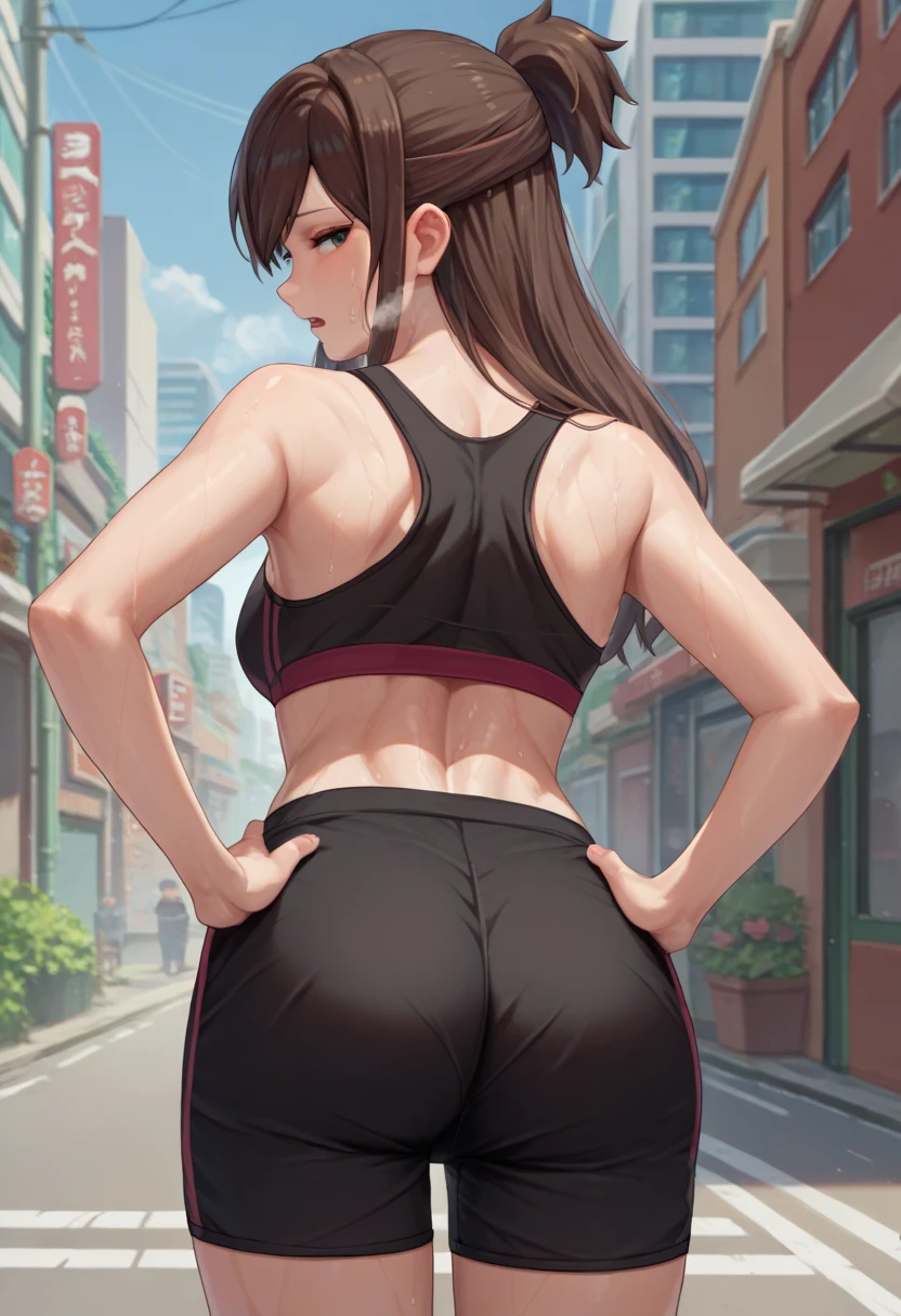 score_9, score_8_up, score_7_up, source_anime, from behind, solo, 1girl, ema skye, sweat, looking back, hands on hips, half updo, black sports bra, black shorts, ass, outdoors, city street, tired expression, out of breath, sweaty, open mouth, outside, city