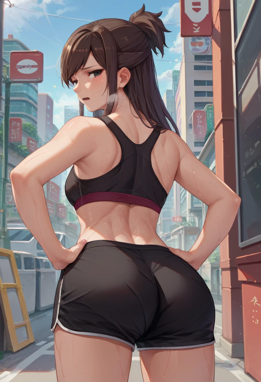 score_9, score_8_up, score_7_up, source_anime, from behind, solo, 1girl, ema skye, sweat, looking back, hands on hips, half updo, black sports bra, black shorts, ass, outdoors, city street, tired expression, out of breath, sweaty, open mouth, outside, city