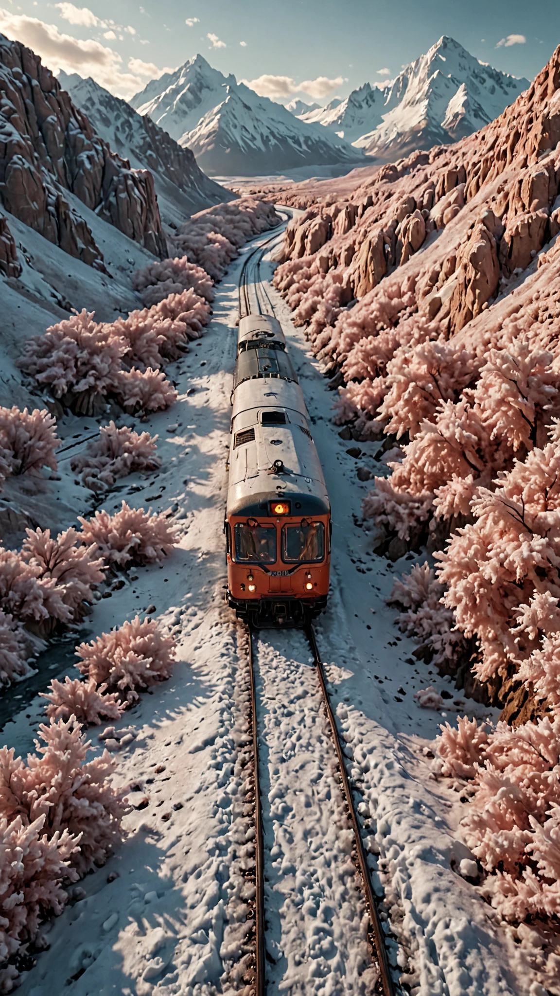 octane render, landscape of a Polar Ice and Sparse Train, very 1700'S and Dynamic, natural lighting, 35mm, Infrared, imposing, extremely rich detail, complimentary colors, background inspired, highly detailed, highly decorated, perfect symmetry, atmosphere, intricate