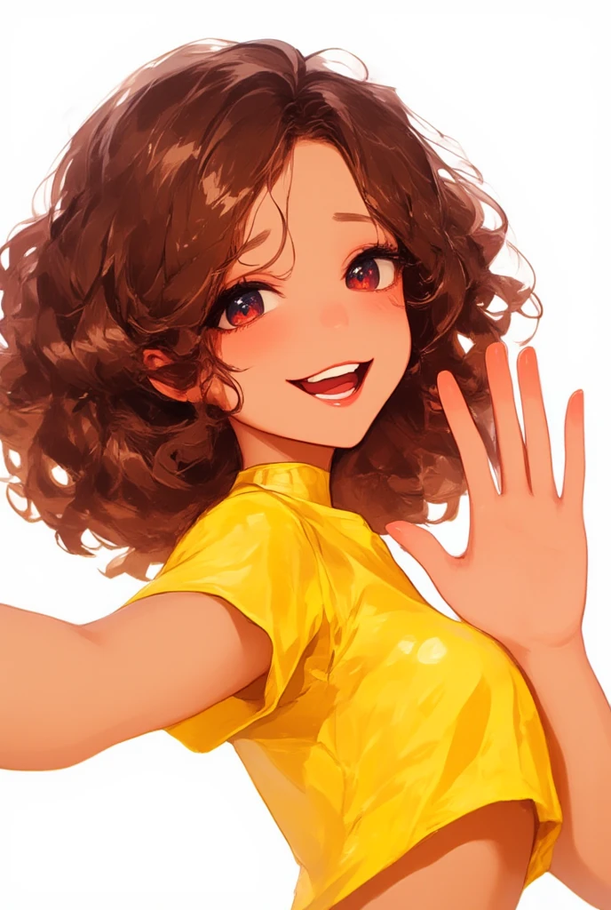 girl\(anime, cute animation , cute, brown black eyes ,Humana Morena Anime,  Afro-descendant ,  wearing a pretty yellow t-shirt, Curlers brown hair ,  Face of joy , smile, beautiful pose, waving your hand , idol\).  happy mood ,  grateful mood . Gratitude.  white background.  anime style , anime. perfect hand ,detailed hand, In a zenithal plane,  brunette brown skin , rasgos de girl morena hermosa,  defined curlers ,  for twitch image 