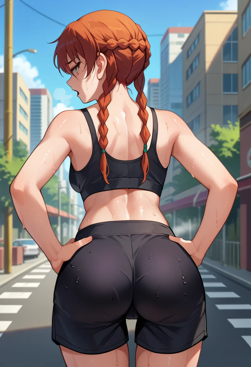 score_9, score_8_up, score_7_up, source_anime, from behind, solo, 1girl, selesia upitiria, sweat, looking back, hands on own hips, twin braids, black sports bra, black shorts, ass, outdoors, city street, tired expression, out of breath, sweaty, open mouth, outside, city