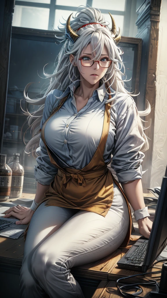 -masterpiece- -ultra HD- -anime style- A beautiful young woman with tied white hair, light blue eyes, red horns, doctor's clothes, wearing a doctor's apron, yellow blouse, white pants, voluptuous, red glasses, sitting in front of a computer in his office, very serious expression.
