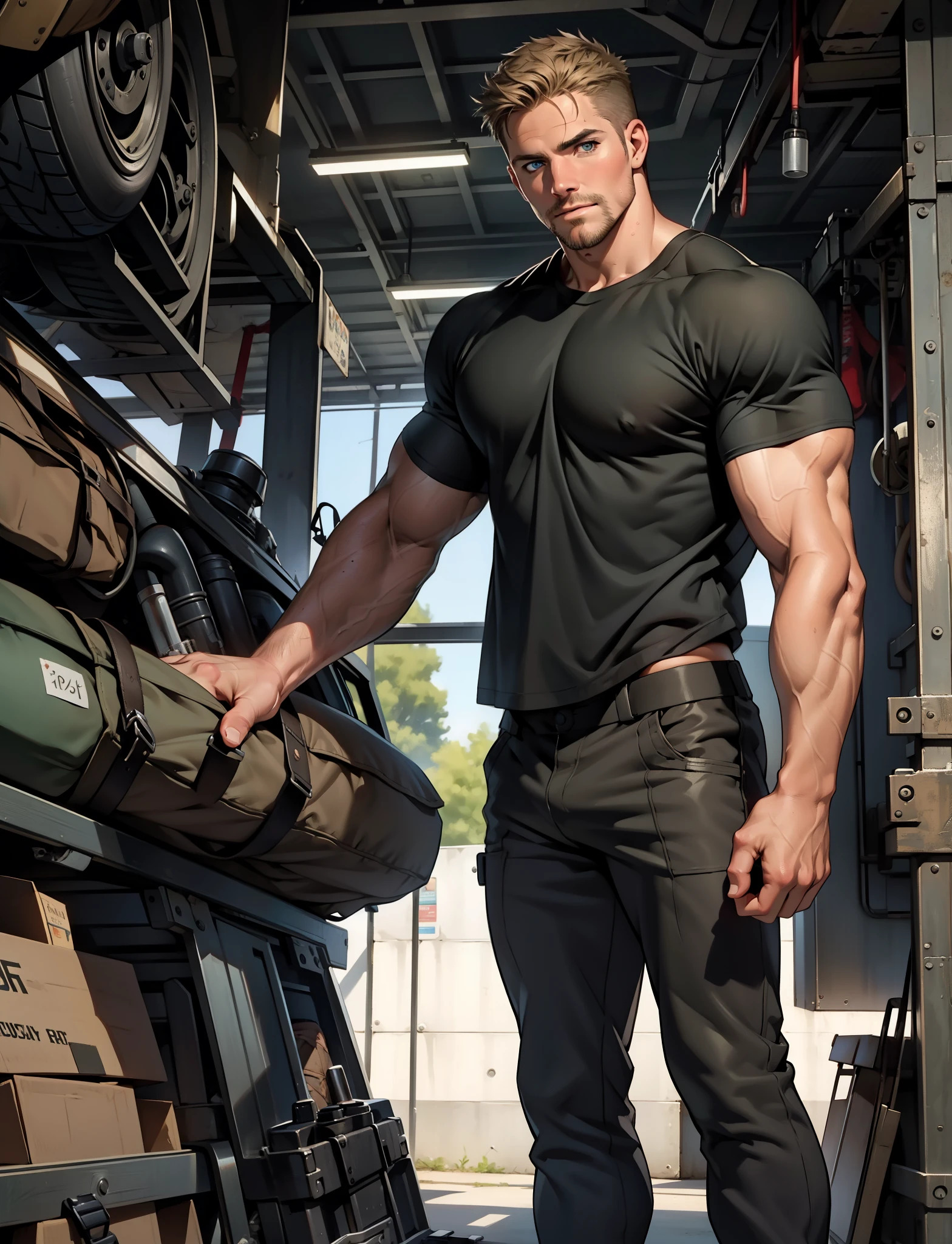 masterpiece, best quality face, natural eyes,mature man, muscled and mature, stephen amell as a mechanic  man, sweating, full body