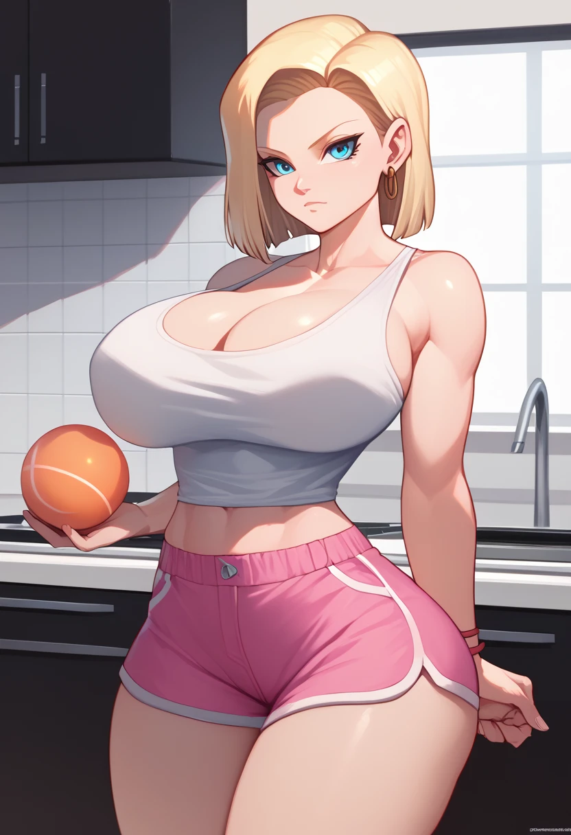  big boobs,Android 18(Dragon ball),huge breasts,giant breasts,  huge boobs, Dragon Ball art style, Dragon Ball style eyes,in the kitchen, Serious look,  wearing a white tank top,And a pair of pink gym shorts  