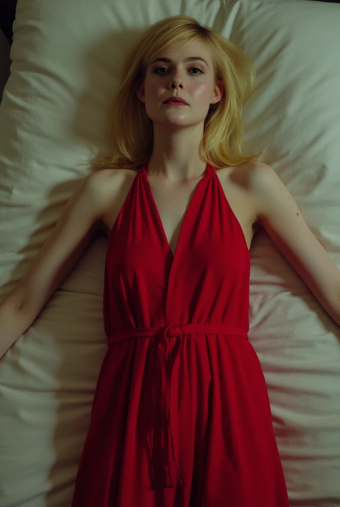 View from above, Lying on a bed drunk limp, red dress with thin straps, blonde bob cut hair, drunk face, blank look