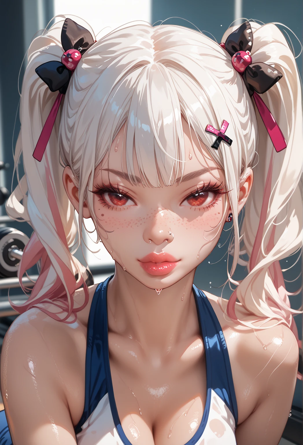 (1girl), red eyes, white hair, pigtails, freckles on nose, long hair,, x ornament, big lips, pretty lips,  gyaru hairstyle, seductive anime girl, hourglass body, sexy gym outfit, sweating, gym