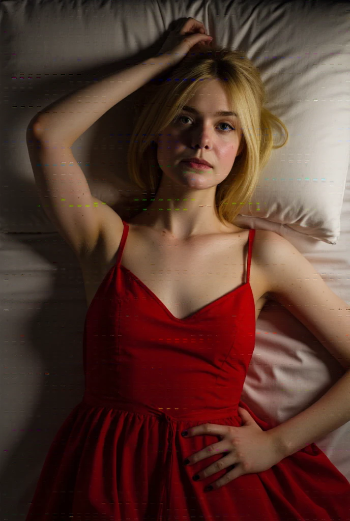 View from above, Lying on a bed drunk limp, red dress with thin straps, blonde bob cut hair, drunk face, blank look, one arm up