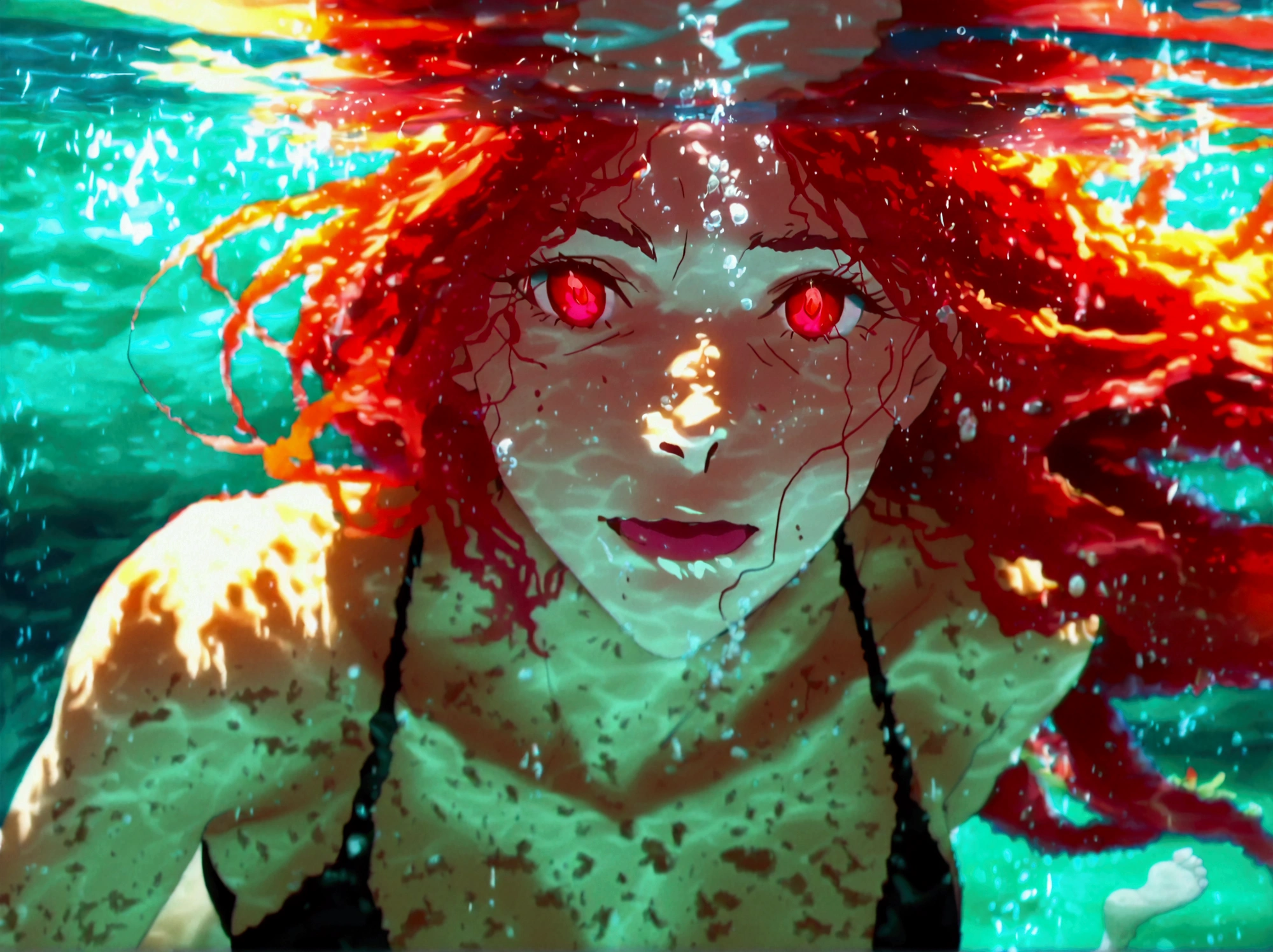 official anime artwork, screencap, anime screencap, masterpiece, detailed face, 1woman, adult_woman, mature woman, grown_up, 28_years_old, Flannery, red eyes, black bikini bra, jeans, barefoot, soles, underwater, under the sea, swimming, foot tease