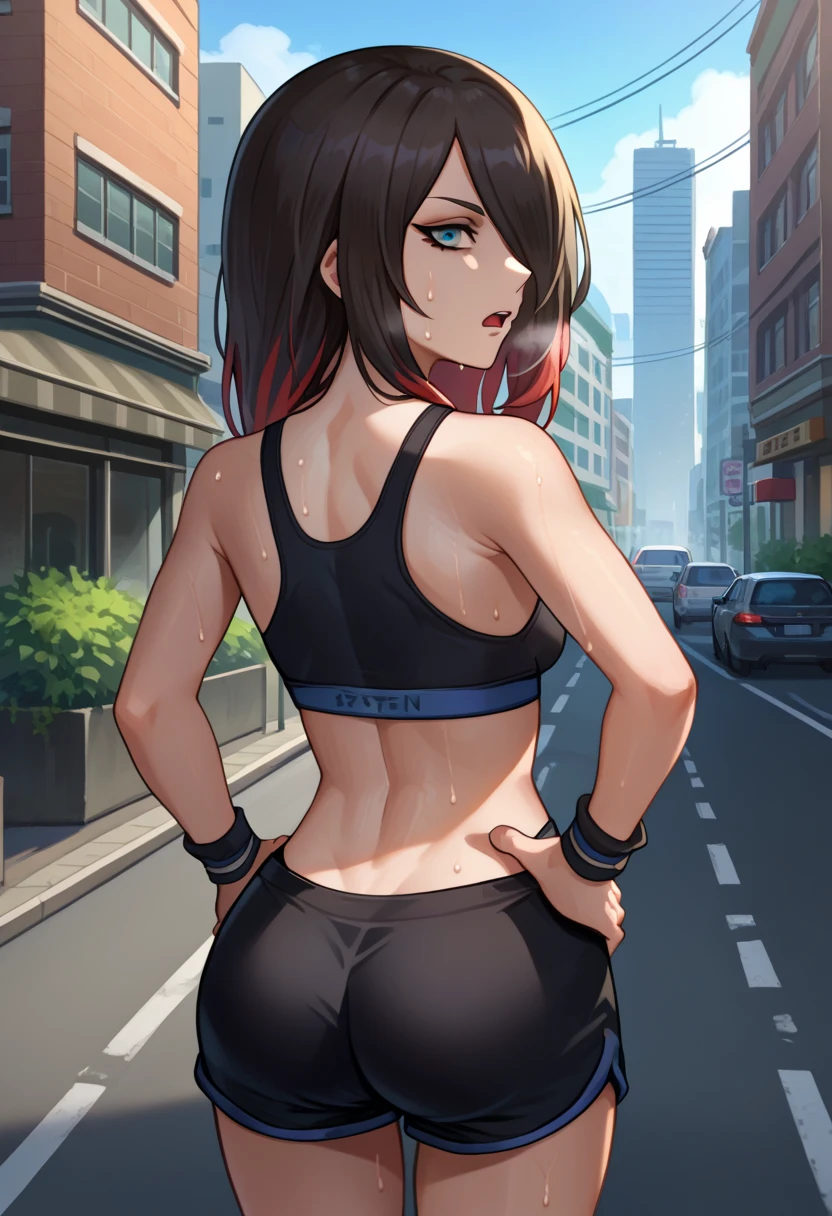 score_9, score_8_up, score_7_up, source_anime, from behind, solo, 1girl, grraven, sweat, expressionless, looking back, hands on own hips, hair over one eye, black sports bra, black shorts, short shorts, ass, outdoors, city street, tired expression, out of breath, sweaty, open mouth, outside, city