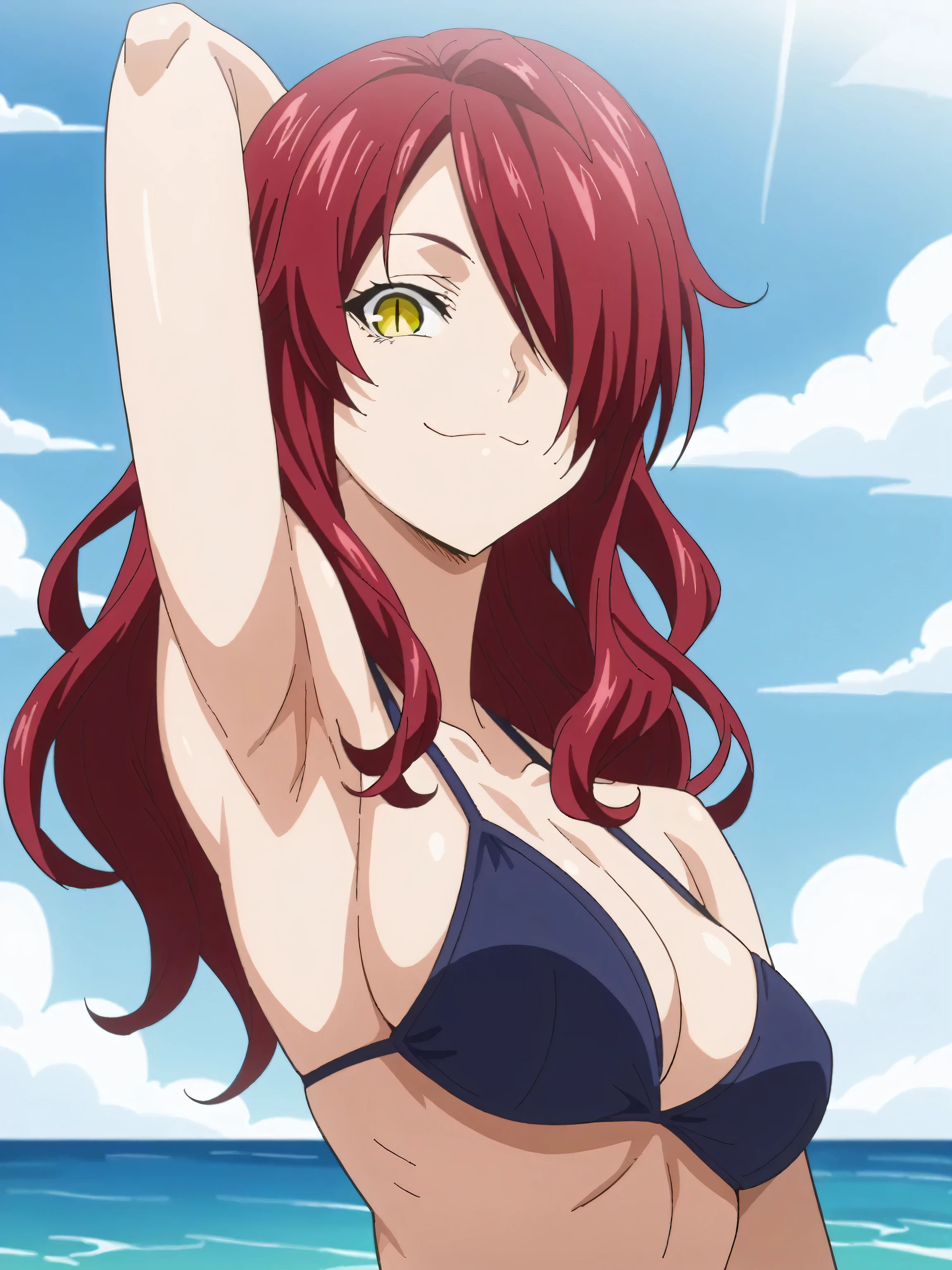 score_9, score_8_up, score_7_up, source_anime, anime screencap, 1girl, solo, kobayashi rindou, long hair, red hair, wavy hair, yellow eyes, hair over one eye, slit pupils, arm behind head, armpit, looking at viewer, head towards viewer, smile, closed mouth, badhandv4, outdoors, day, beach, black side tie bikini, from side, from below