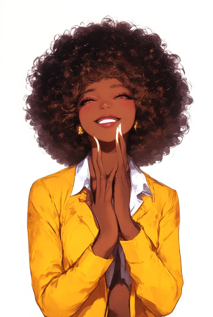 girl\(anime, cute animation ,  brown black eyes , human brunette anime ,  Afro-descendant ,  wearing a pretty yellow coat, Curlers brown hair ,  Face of joy , smile, beautiful pose, waving your hand , idol\).  happy mood ,  grateful mood . Gratitude.  white background.  anime style , anime. perfect hand ,detailed hand, In a zenithal plane,  brunette brown skin , rasgos de girl morena hermosa,  defined curlers , long curlers , brown skin, black skin.