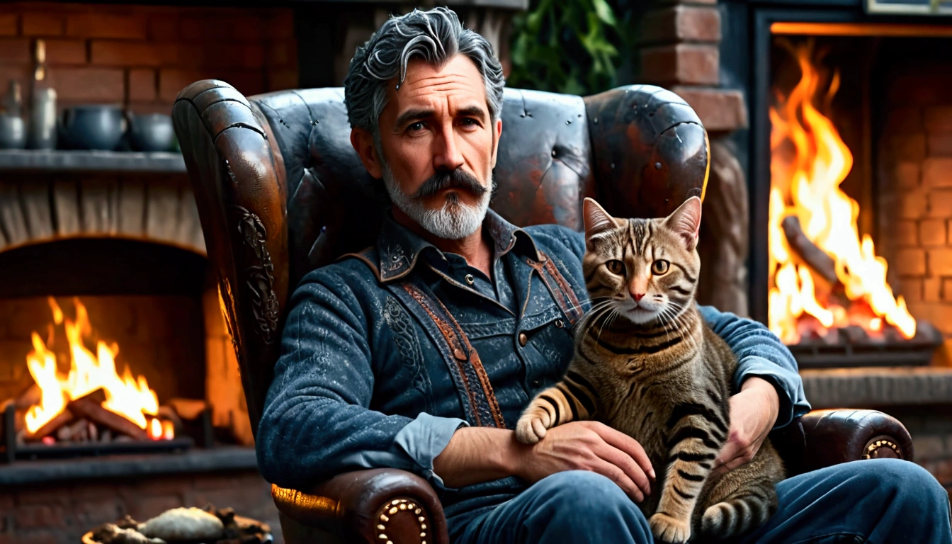 Picture in 3D. man, brunette dark hair color, barely noticeable gray hair, beard on the chin, also a moustache above the upper lip. sitting in a chair , who is standing near a burning fireplace and has a tabby cat in his arms.