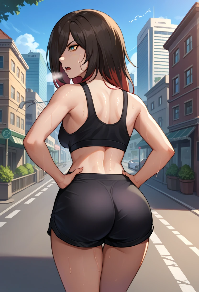 score_9, score_8_up, score_7_up, source_anime, from behind, solo, 1girl, grraven, sweat, expressionless, looking back, hands on own hips, hair over one eye, black sports bra, black shorts, short shorts, ass, outdoors, city street, tired expression, out of breath, sweaty, open mouth, outside, city, sexy, big ass