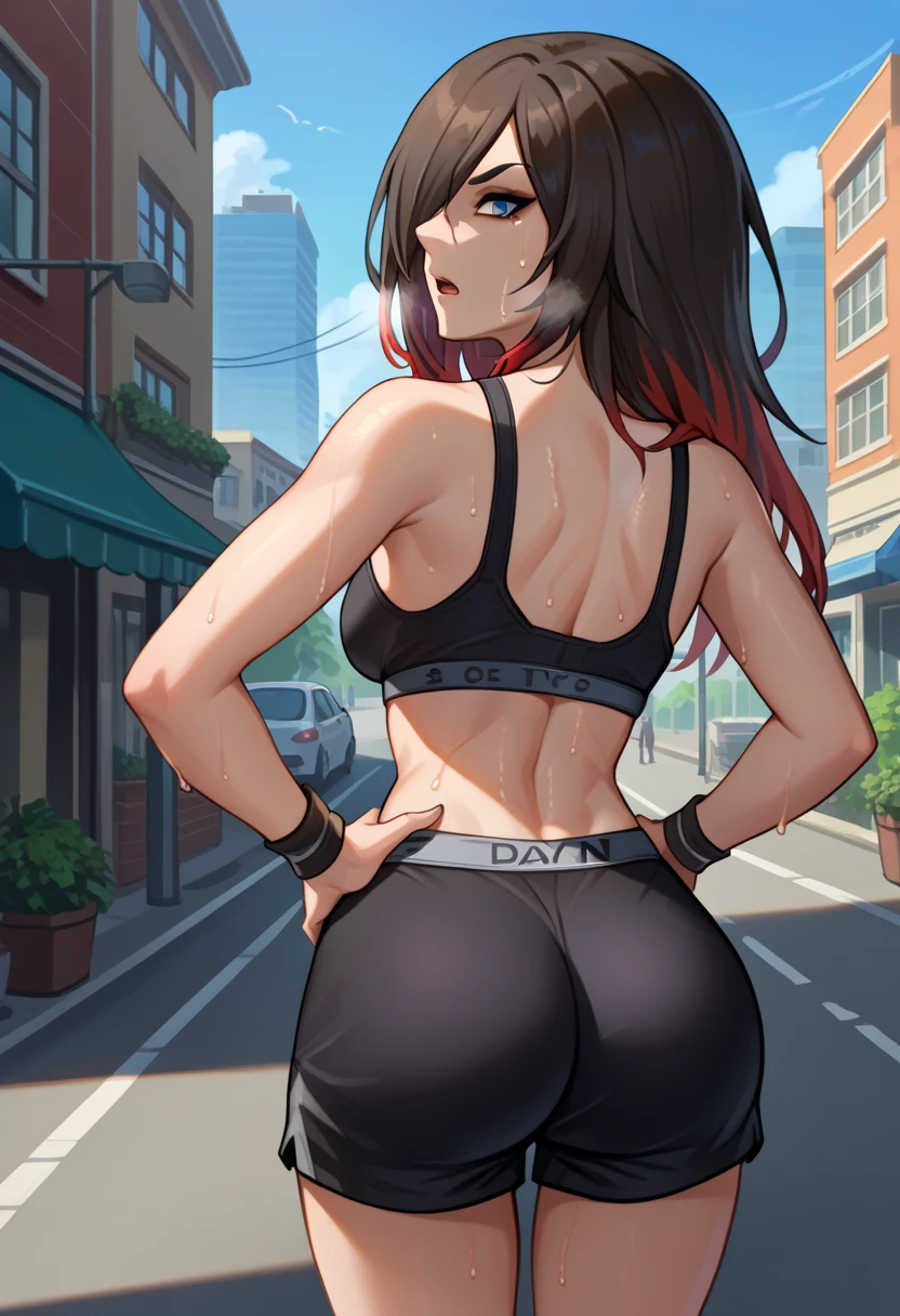 score_9, score_8_up, score_7_up, source_anime, from behind, solo, 1girl, grraven, sweat, expressionless, looking back, hands on own hips, hair over one eye, black sports bra, black shorts, short shorts, ass, outdoors, city street, tired expression, out of breath, sweaty, open mouth, outside, city, sexy, big ass