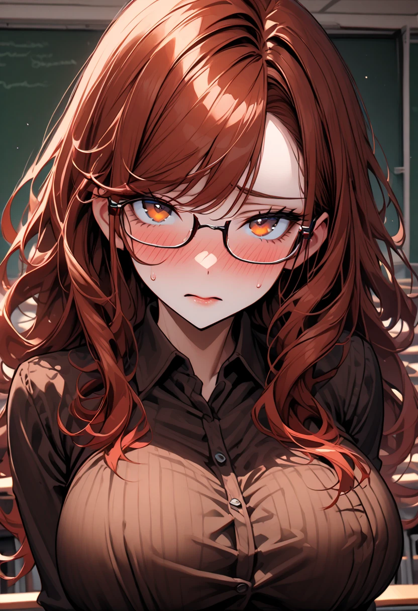 (masterpiece:1.2, best quality:1.2, beautiful, high quality, highres:1.1, aesthetic), detailed, extremely detailed, ambient soft lighting, 4K, perfect eyes, perfect face, Female ,Embarassed, shy, Round glasses, Orange eyes, big breasts, Short orange hair, Detiled eyes, very detiled face, Pregnant, hyperpreg