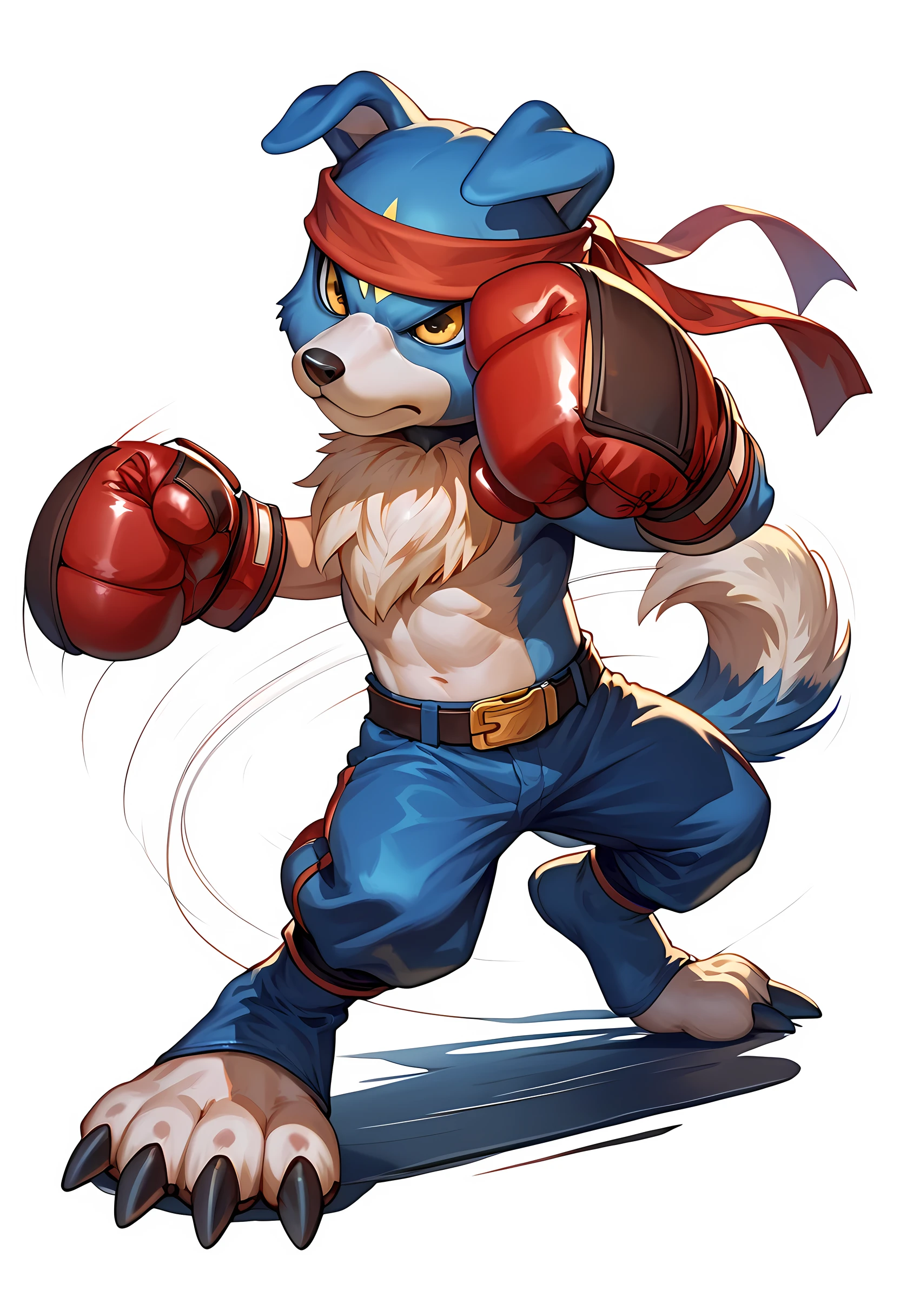 gaomon (character), digimon (creature), dog boy, blue body, headband, yellow eyes, boxing gloves, strong body, boxing pose, white background, detailed, cel shaded, flat colors, full body, motion blur, speed lines, belt, boxing pants