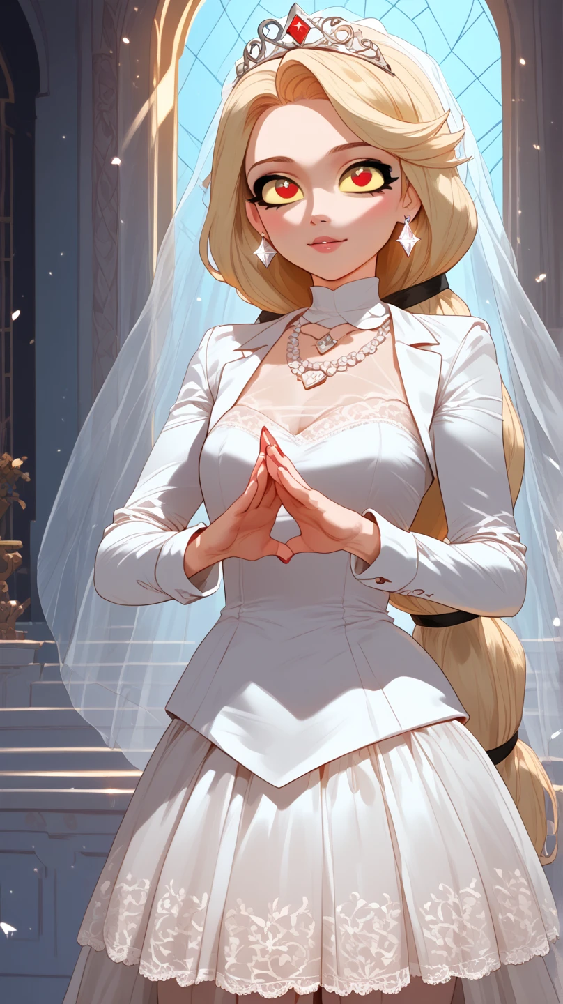 score_9, score_8_up, score_7_up, xcharliex, blonde hair, low-tied long hair, yellow sclera, red eyes, modeling at a palace setting, adorned in a stately satin, lace and tulle ballgown wedding dress, bow in back, bows on skirt, long sleeves, modest, Crowning her head is a tiara and a veil while diamond earrings and necklace sparkle in contrast with the white, realistic, 4k, hd, detailed, perfect anatomy, perfect hands, perfect face, cute, professional artwork, (masterpiece), best quality, expressive eyes, perfect face, good hands, best hands, detailed, high quality, high resolution. 8k