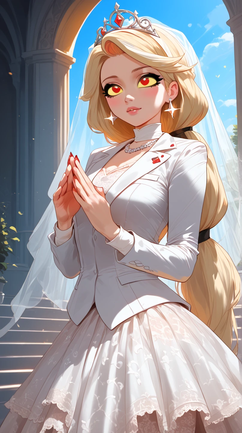 score_9, score_8_up, score_7_up, xcharliex, blonde hair, low-tied long hair, yellow sclera, red eyes, modeling at a palace setting, adorned in a stately satin, lace and tulle ballgown wedding dress, bow in back, bows on skirt, long sleeves, modest, Crowning her head is a tiara and a veil while diamond earrings and necklace sparkle in contrast with the white, realistic, 4k, hd, detailed, perfect anatomy, perfect hands, perfect face, cute, professional artwork, (masterpiece), best quality, expressive eyes, perfect face, good hands, best hands, detailed, high quality, high resolution. 8k