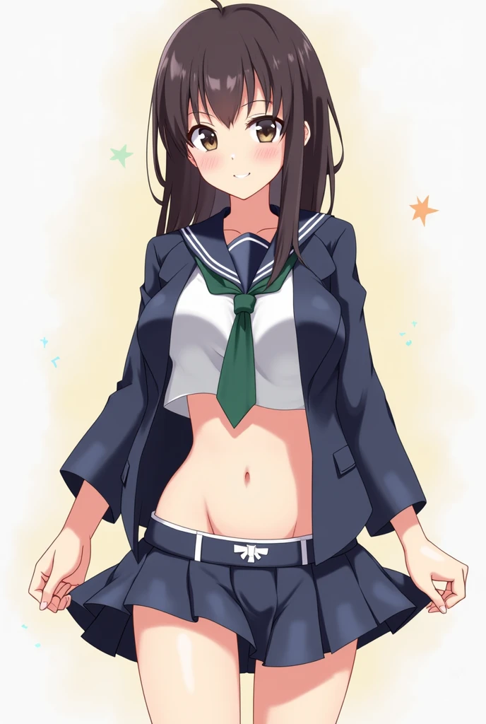 One, 1 girl, Looking at the viewer, 2d, Anime, Anime coloring, upper body, (Solid white background:1.3), Saegusa monkey, , jacket, tie, Looking at the viewer, smile, lifts her skirt, red panties