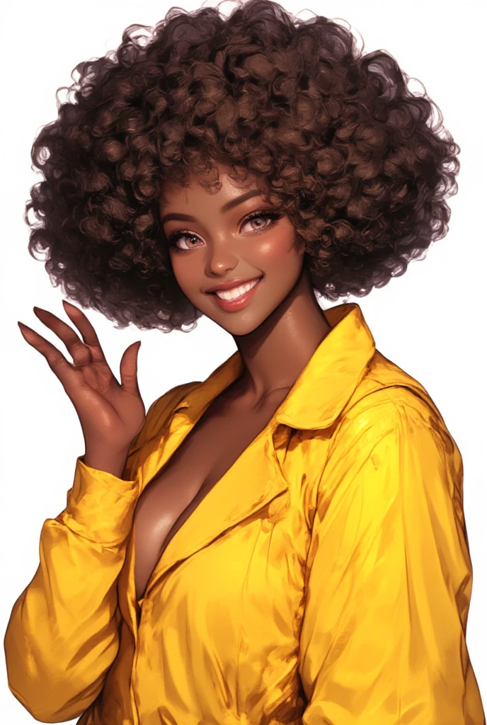 girl\(anime, cute animation ,  brown black eyes , human brunette anime ,  Afro-descendant ,  wearing a pretty yellow coat, Curlers brown hair ,  Face of joy , smile, beautiful pose, waving your hand , idol\).  happy mood ,  grateful mood . Gratitude.  white background.  anime style , anime. perfect hand ,detailed hand, In a zenithal plane,  brunette brown skin , rasgos de girl morena hermosa,  defined curlers , long curlers , brown skin, black skin.