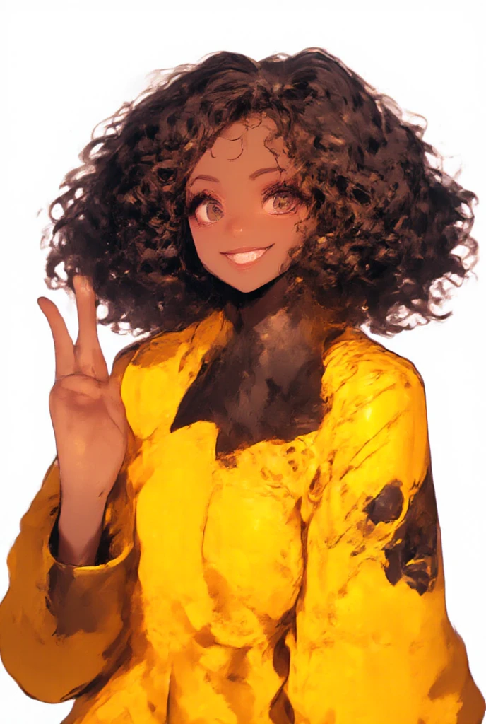 girl\(anime, cute animation ,  brown black eyes , human brunette anime ,  Afro-descendant ,  wearing a pretty yellow coat, Curlers brown hair ,  Face of joy , smile, beautiful pose, waving your hand , idol\).  happy mood ,  grateful mood . Gratitude.  white background.  anime style , anime. perfect hand ,detailed hand, In a zenithal plane,  brunette brown skin , rasgos de girl morena hermosa,  defined curlers , long curlers , brown skin, black skin. anime linda