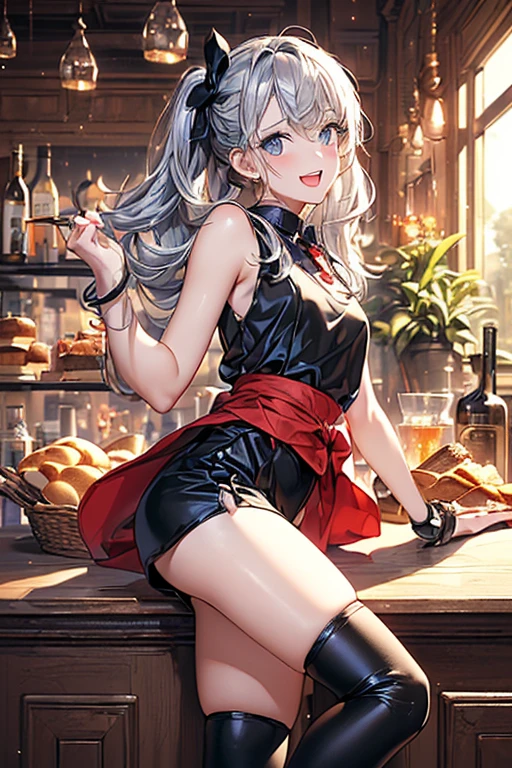 masterpiece,"A 26-year-old girl stands at a bar counter. She is dressed in a stylish off-shoulder dress, sweater dress, off-shoulder sweater, red sweater,garter stocking, cleavage:1.1, midriff, black shorts, black thighhighs, thigh strap, pretty girl, (highly detailed beautiful face and eyes,firm breasts),real skin,((black,hair,long pony tail hair)),thin pubic hair,cute,lovely, detailed eyes, This masterpiece is only visually stunning but also tells,(double breasted:1.0,under bust:1.0),(with sparkling eyes and a contagious smile),open mouth. The bar is beautiful, with colorful bottles of alcohol in the background and a soft glow from neon lights. The atmosphere is relaxed, and the girl looks confident and fashionable.",full body, sexy pose,make a  cocktail , in a bar counter, Looking at Viewer,