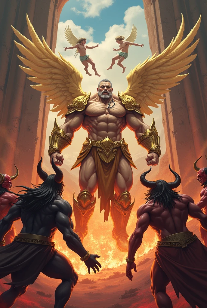  Anime characters , a community of muscular men demigods big penises big buttocks wearing golden armor war against 3 muscular demons at the Gates of Hell , 2 angels muscle men flying watching the fight Anatomically correct ,  The Best Quality , Detail, Details altos,  Precise, 