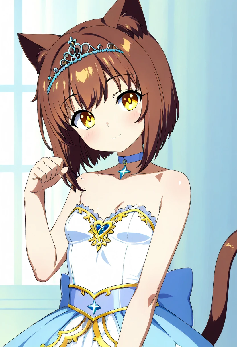  top quality 、 anime style、 1 、 slender body、 small breasts、 cat ears and tail 、brown short bob、 pale light blue choker on her neck、Fairytale wizard clothes、castle town、Smiling girl