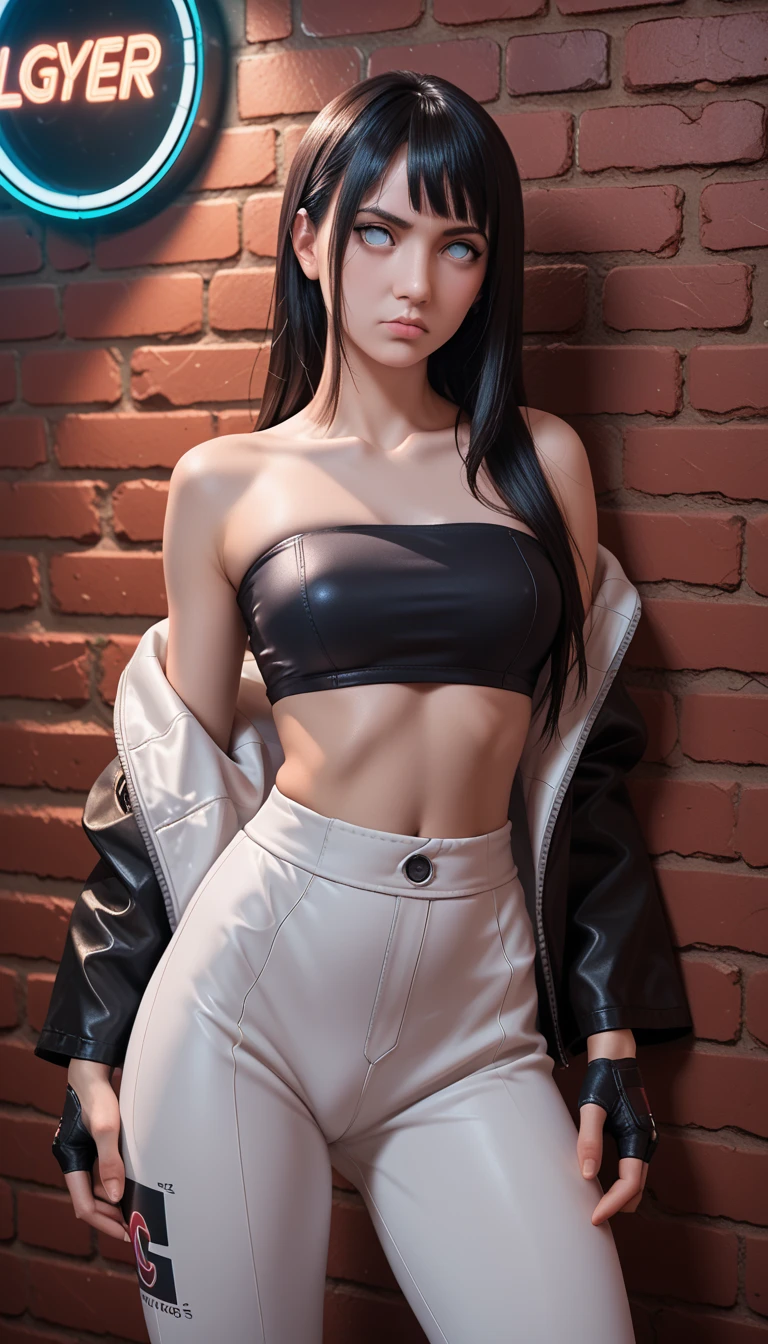      a detailed and beautiful portrait of a 16-year-old Japanese girl,   medium breasts, with healthy appearance , sexy expression,      tight clothes  , Bold pose,     detailed embroidery    ,  belly out , Tube top, love league,     high quality, 8k,     photorealistic    ,  ,     dramatic lighting   ,     vivid colors    ,(    masterpiece    ,      top quality    ,  :1.2),  (       dark skin wearing a futuristic tight coat     {x}      cyberpunk urban scene illuminated by neon lights      ), (Alone:1.4), (    Elegant and cool ladies       ),  (   Bright neon details     :1.3), (cyber arm, ), (fingerless gloves, ), (   serious expression    :1.1), ( Leaning against a wall ,      Confident and relaxed poses       :1.3),  holographic billboard , (    dynamic lighting    ,   Strong contrast ), (    Tight pants with straps      :1.2), bare arms,   Naruto's Hinata long black hair  ,     Big breasts   