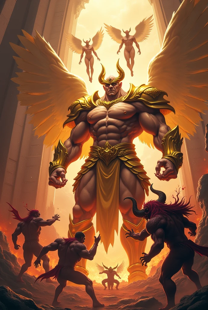  Anime characters , a community of muscular men demigods big penises big buttocks wearing golden armor war against 3 muscular demons at the Gates of Hell , 2 angels muscle men flying watching the fight Anatomically correct ,  The Best Quality , Detail, Details altos,  Precise, 