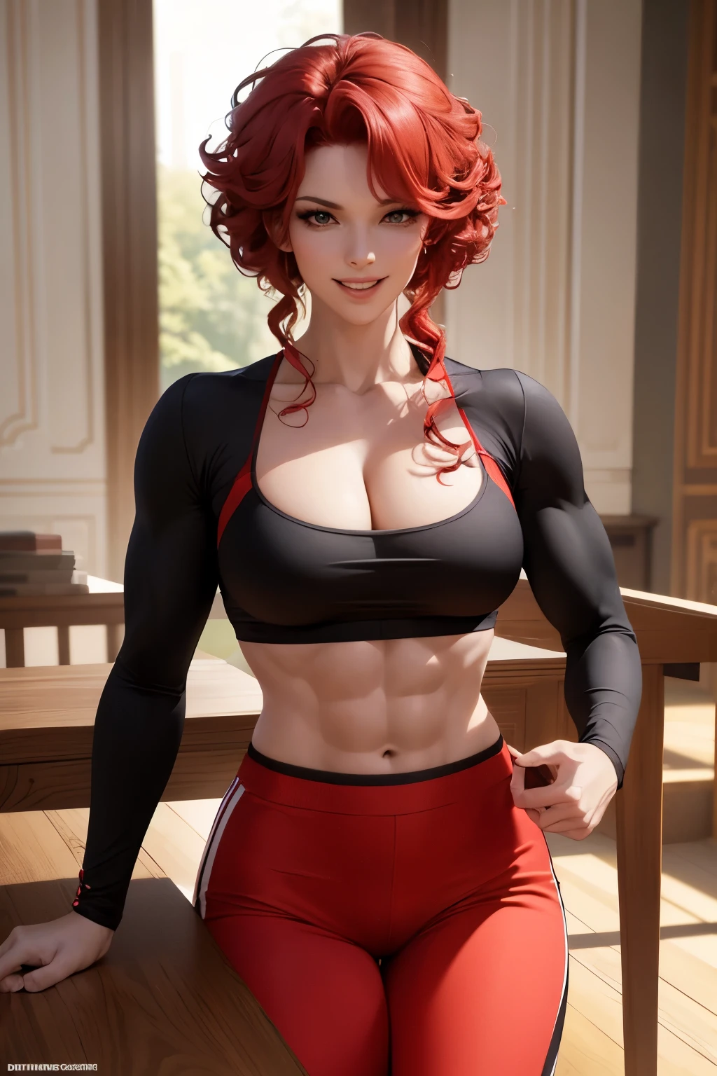 8k,bright red curly hair ,胸の大きな very beautiful in a chair なロシア人の女性,  Big and Rich Breasts , big smile, very beautiful in a chair ( just like the real thing ) black and red sporty outfit , black and red sporty pants ,  sexy,deviantART ArtStation CGSociety, 3Dレンダリング  character art, trending on artstation 8k , Artstation HD trend ,  adventure hyperreal rendering,  perfect body with realistic shading ,  photorealistic perfect body ,  super high resolution , super high resolution , surreal, fantasy art, character art, High Quality , sexy,Strong and defined abdominal muscles, Muscular, Slender Body ,Muscular and lean lower body,Wide range of colors,  backlight,  movie lighting,  Filmgrain, Born, 50mm lens,  Nikon D850 ,Compensate, show viewers, slender and muscular lower body ,Muscular Beauty, bodybuilder,compensate, big smile, uplifting , stand on all fours, push ups,