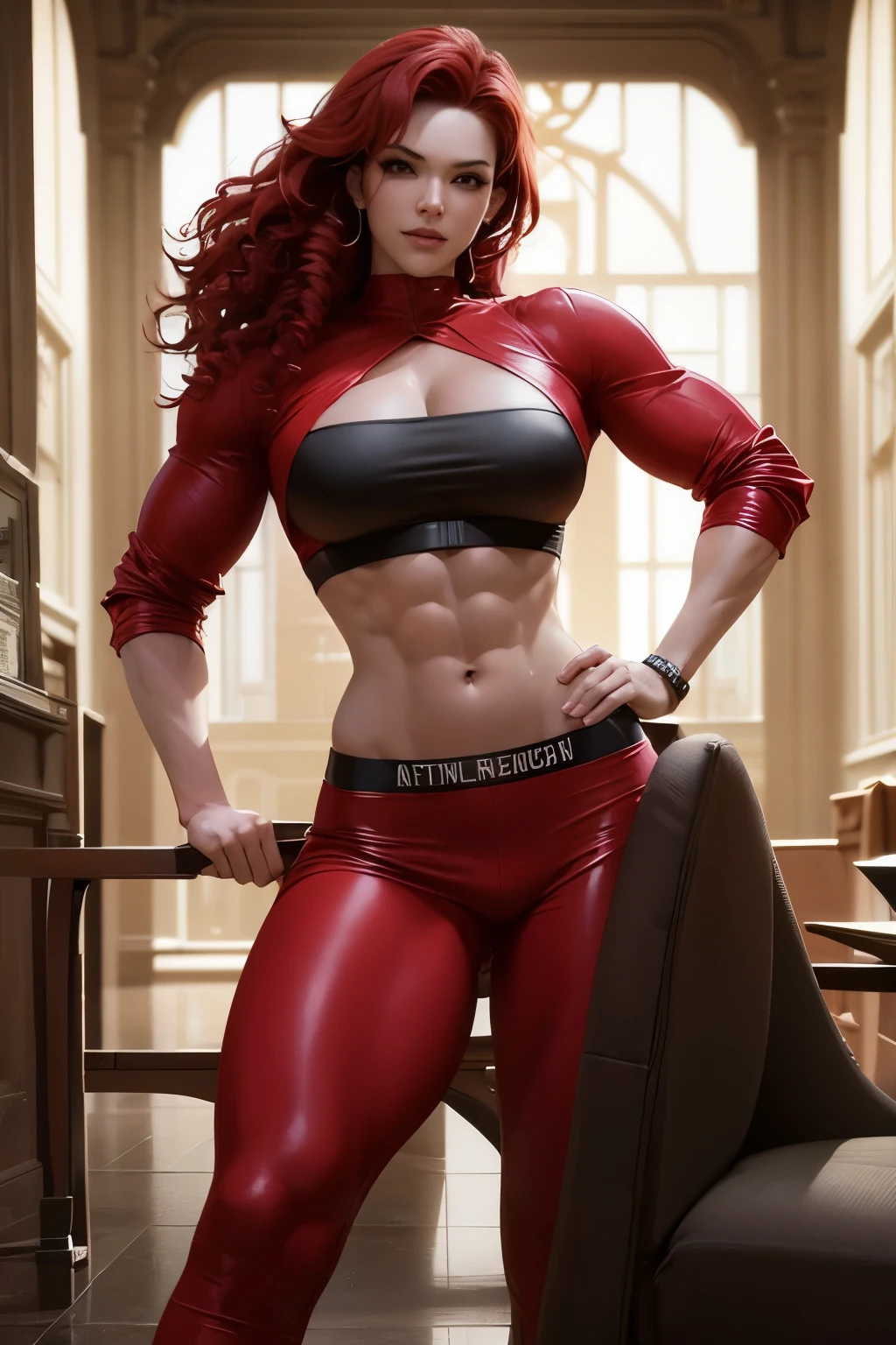 8k,bright red hair curly hair ,胸の大きな very beautiful in a chair なロシア人の女性,  Big and Rich Breasts , big smile, very beautiful in a chair ( just like the real thing ) black and red sporty outfit , black and red sporty pants ,  sexy,deviantART ArtStation CGSociety, 3Dレンダリング  character art, trending on artstation 8k , Artstation HD trend ,  adventure hyperreal rendering,  perfect body with realistic shading ,  photorealistic perfect body ,  super high resolution , super high resolution , surreal, fantasy art, character art, High Quality , sexy,Strong and defined abdominal muscles, Muscular, Slender Body ,Muscular and lean lower body,Wide range of colors,  backlight,  movie lighting,  Filmgrain, Born, 50mm lens,  Nikon D850 ,Compensate, show viewers, slender and muscular lower body ,Muscular Beauty, bodybuilder,compensate, big smile, uplifting , stand on all fours, push ups,