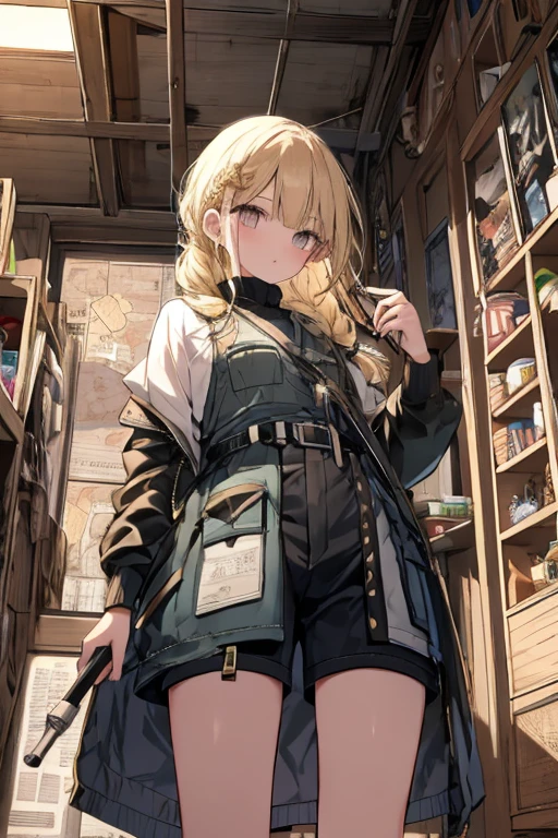 (from below:1.2,Best Quality),a girl , platinum color hair、masterpiece, highest quality, Very detailed, 16k, Ultra-high resolution, Cowboy Shot, One  girl, Detailed face, Perfect Fingers, Golden Eyes, Blonde, Braid, A vest with many pockets, Shorts, Exploring knife, Safari Hat, compass, telescope, map, A cluttered room with lots of small items, Organizing tools