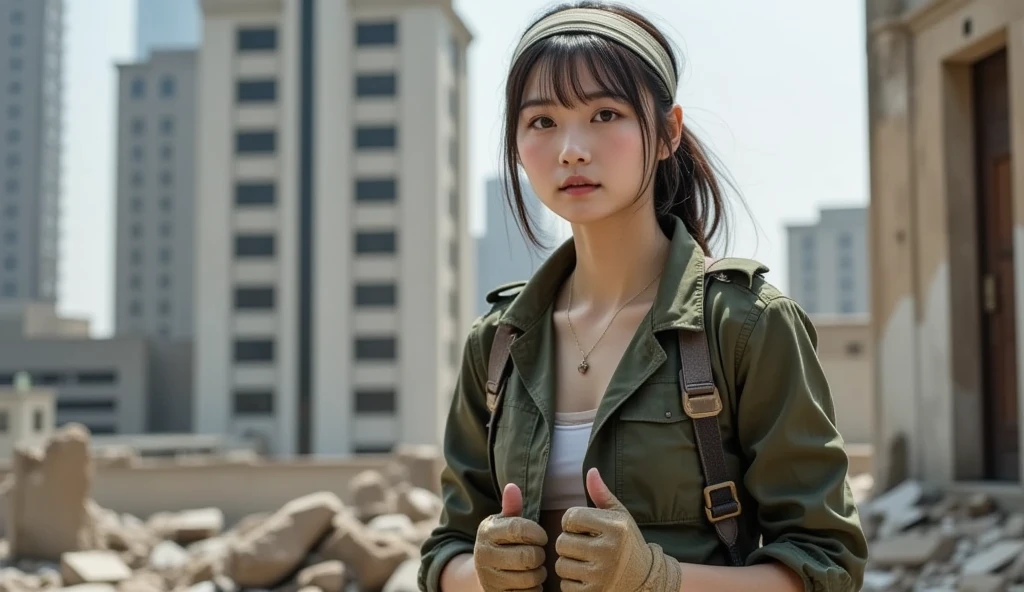 18 year old slender chinese young woman standing in front of a ruined skyscraper and next to a pile of rubble, she is wearing army fatigues with the shirt unbuttoned and showing cleavage,  she has a sweatband tied around her head, she is wearing leather gloves, she is hot and sweaty from exertion, wide angle, full body shot, 