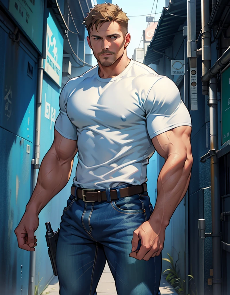 NSFW ,masterpiece , 8k , best quality ,very  very detailed face , natural eyes, 1man, young man, boy, muscled and mature, stephen amell as a mechanic wearing totally unbuttoned overall, showing COCK , his nipples and muscles , mechanic tools , sweating, tight cloth, , full body view , working  on a car