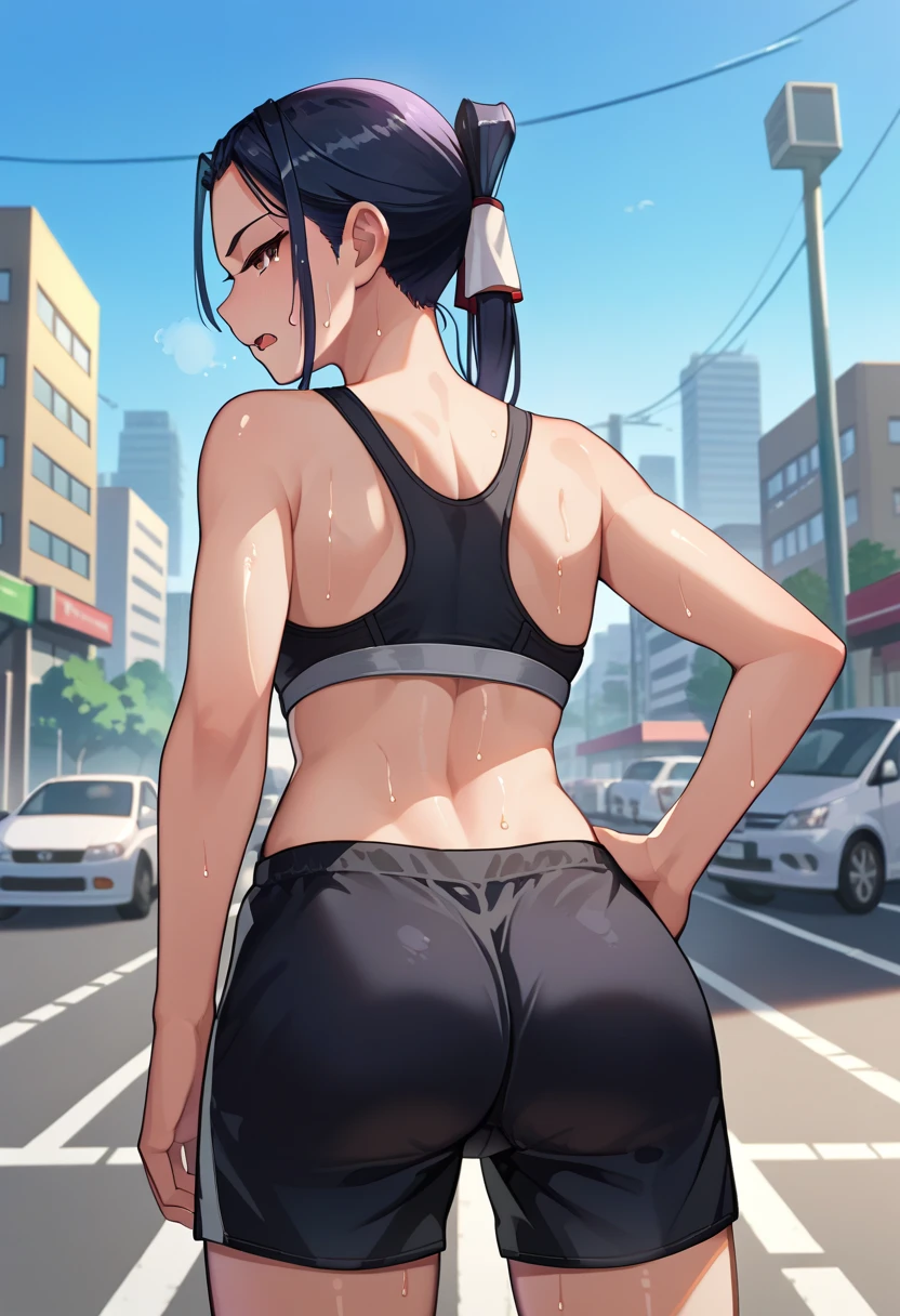 score_9, score_8_up, score_7_up, source_anime, from behind, solo, 1girl, kokuyou, sweat, expressionless, looking back, hands on own hips, ponytail, black sports bra, black shorts, ass, outdoors, city street, tired expression, out of breath, sweaty, open mouth, outside, city