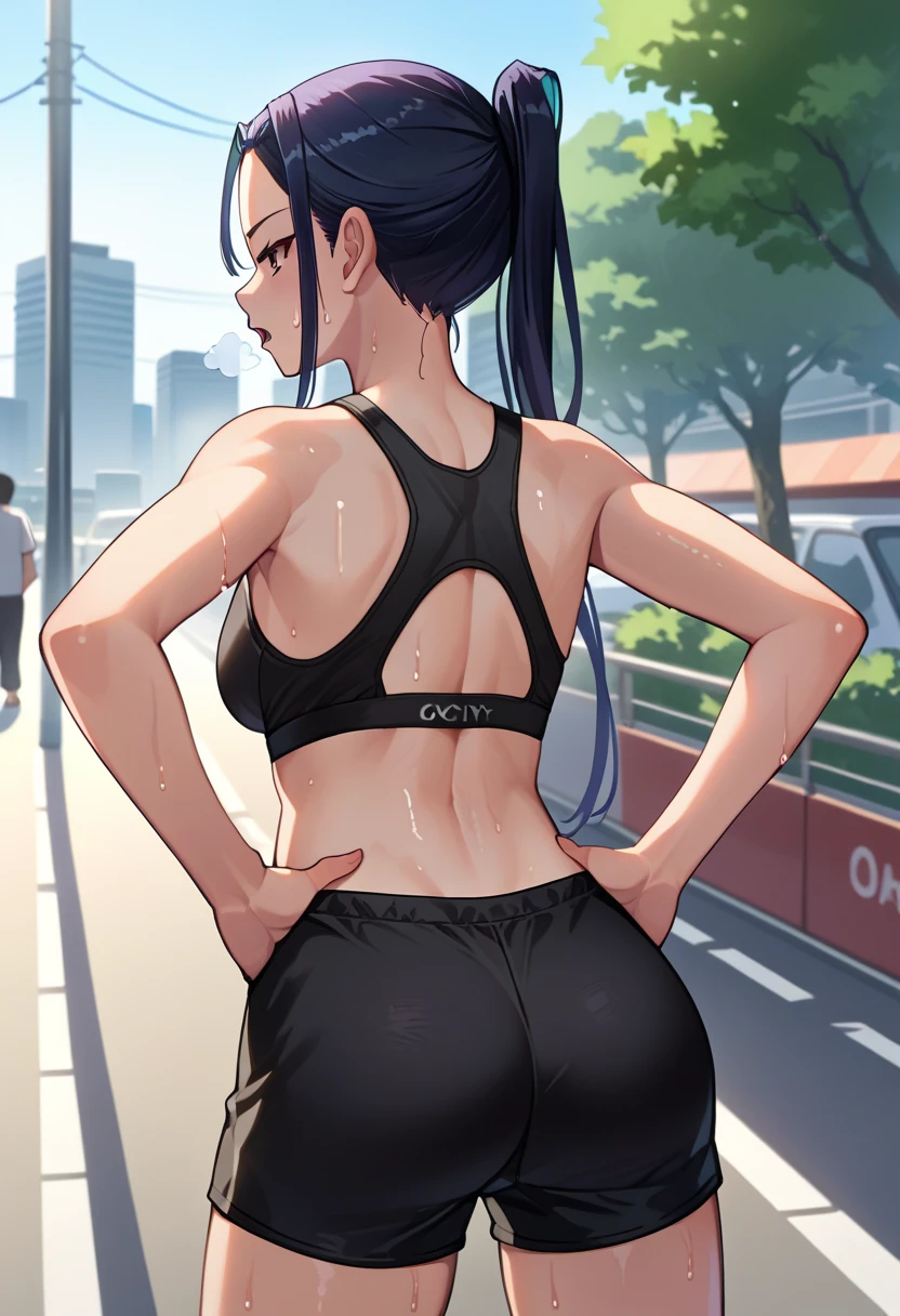 score_9, score_8_up, score_7_up, source_anime, from behind, solo, 1girl, kokuyou, sweat, expressionless, looking back, hands on own hips, ponytail, black sports bra, black shorts, ass, outdoors, city street, tired expression, out of breath, sweaty, open mouth, outside, city