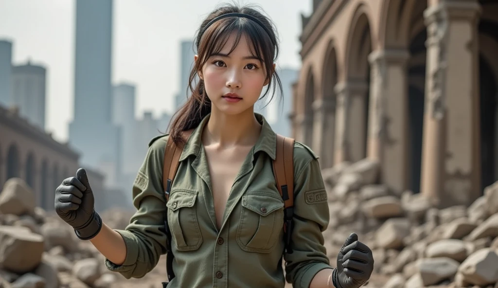 18 year old slender chinese young woman standing in front of a ruined skyscraper and next to a pile of rubble, she is wearing army fatigues with the shirt unbuttoned and showing cleavage,  she has a sweatband tied around her head, she is wearing leather gloves, she is hot and sweaty from exertion, wide angle, full body shot,  (realistic skin details) (dirt and grime) (sweat) (full body head to toe)