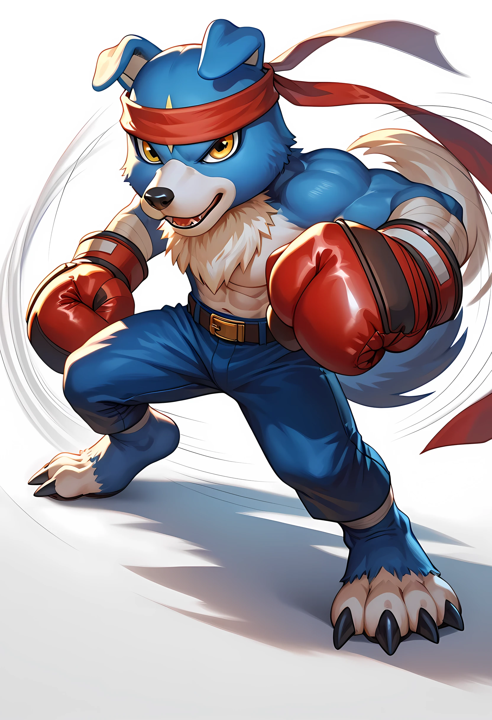 gaomon (character), digimon (creature), dog boy, blue body, headband, yellow eyes, boxing gloves, strong body, muscular, boxing pose, white background, detailed, cel shaded, flat colors, full body, motion blur, speed lines, belt, boxing trunks, looking at viewer