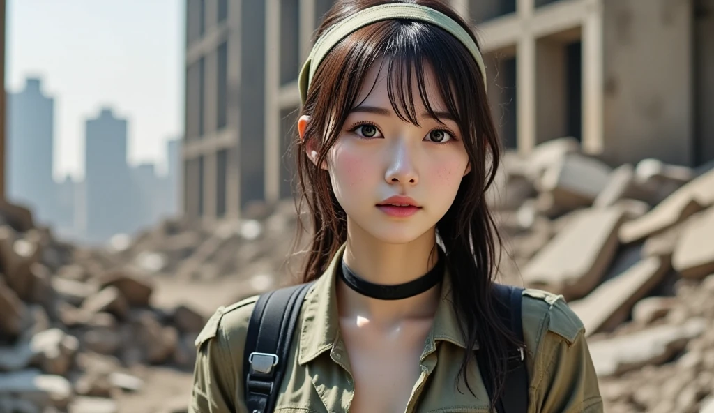 18 year old slender chinese young woman standing in front of a ruined skyscraper and next to a pile of rubble, she is wearing army fatigues with the shirt unbuttoned and showing cleavage,  she has a sweatband tied around her head, she is wearing leather gloves, she is hot and sweaty from exertion, wide angle, full body shot,  (realistic skin details) (dirt and grime) (sweat) (full body head to toe)