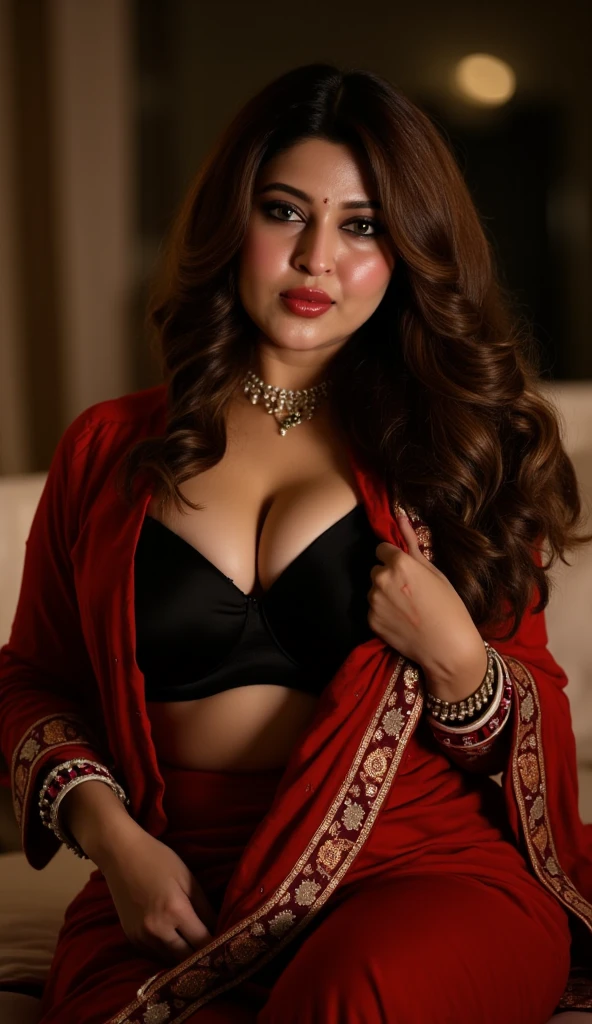 Indian beautiful woman sexy bhabhi, blouse,very deep cleavage,curvy, wearing red and black saree, removing her blouse and showing her black bra,sitting in bedroom, exposing her large u shaped deep cleavage, night time, dark room, very angry face, close up shot, clear facials feature.