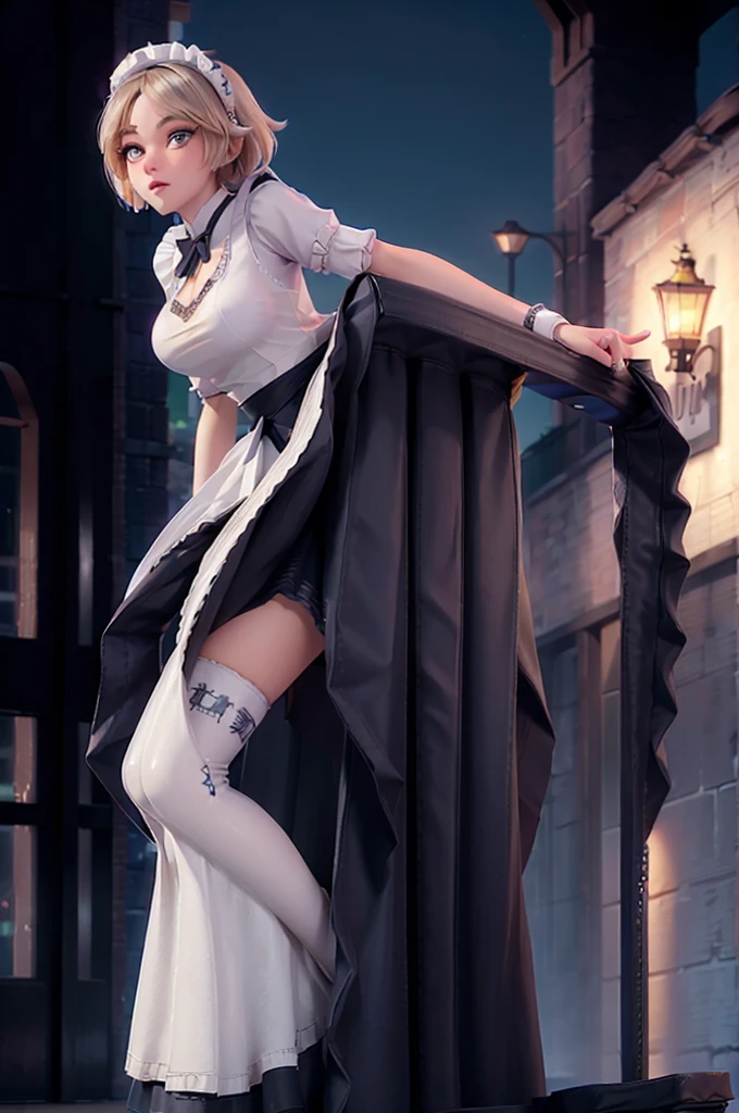  photorealistic , ( hyperrealistic poses:1.2), beautiful,  masterpiece ,  best quality ,  extremely detailed face , perfect lighting, (colorful), cinematic lighting , extremely detailed 8k CG wallpaper by Unity, Merusúcubus , ( yellow-eyed, glowing eyes), horn, (demon tail),  choker, fringe,  short hair, bob cut, ((((( maid uniform))))), school,  classroom,  thick thighs , thighhighs, ((((((long skirt)))))), ((( white panties ))), love-league, big  white panties , Women,   pretty face, ((( Very pretty panties ))), bowing, from behind