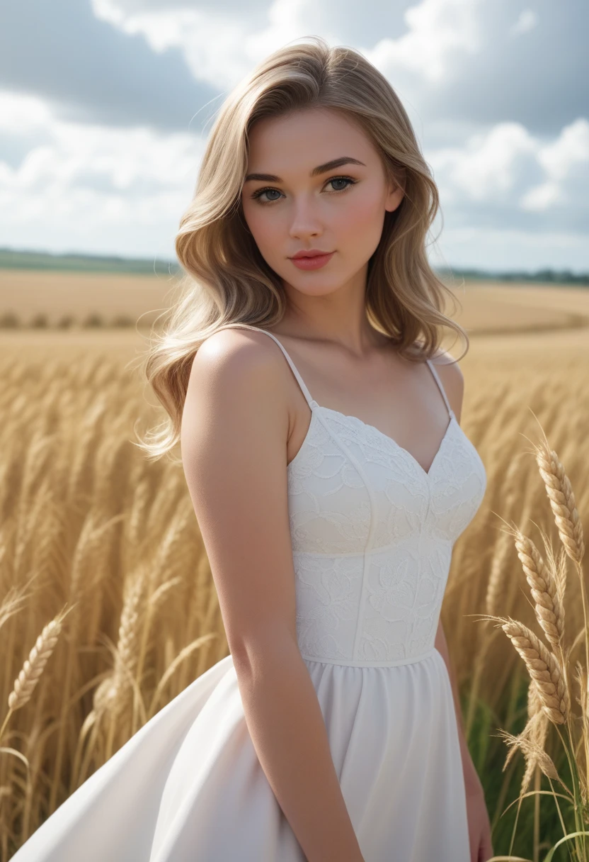 1girl, 15 years old, attractive, chubby, round face, golden hair, standing in a rustic farm setting. 
wearing modern simple wedding dress.
She has a soft, gentle smile and expressive eyes. 
In the background are charming barns, golden wheat fields and clear blue skies. The sun is setting behind, intense bokeh.
The composition should be bathed in warm golden hour light, with soft depth of field and soft bokeh to accentuate the idyllic tranquility. 
Capture images as if they were shot on vintage 35mm film for added oomph, VFX, film photography, extreme detail, Ultra HD, post-processing, post-production, 
single face, Tanvir Tamim, 