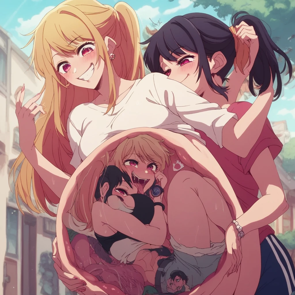 A person trapped inside a Ruby Hoshino's belly. The woman is smiling and is poking her belly. X ray vore. burping