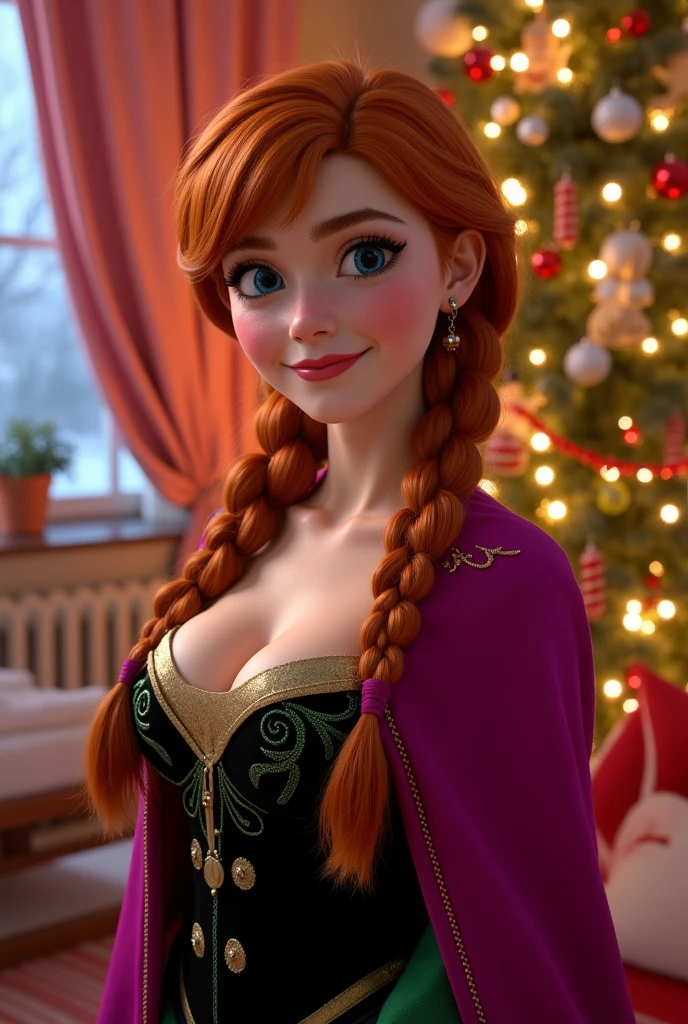 best quality, high quality, 4K, Anna-frozen , (23 years old). sexy, full body, Christmas atmosphere, perfect Anna-frozen  cosplay, , 
ANA, (seios perky), ((( perfect breasts ))), smirk:1.2, Beautiful blue eyes, (perfect irises), ((( full body)))< depth of color in your eyes ,  reddish-brown hair,  long hair , braids,  full lips , corarvarious poses