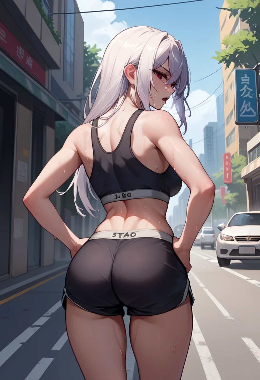 score_9, score_8_up, score_7_up, source_anime, from behind, solo, 1girl, silentmagician, sweat, expressionless, looking back, hands on own hips, long hair, white hair, red eyes, black sports bra, black shorts, short shorts, ass, outdoors, city street,tired expression, out of breath, sweaty, open mouth,