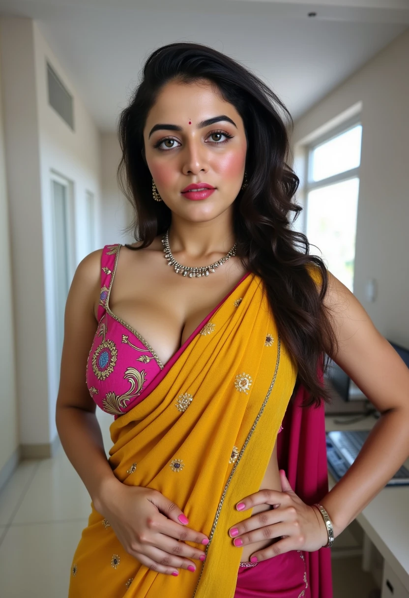 Hot and sexy woman, gigantic breasts, cleavage, wore stylish and design hot and sexy yellow and pink colour saree (printed Design), standing in laboratory (afternoon time), standing & model pose, beautiful body, masterpiece, ultra realistic,detailed, 16 k , Film type light, potrait photography,camera angle front, looking at viewer,(cinematic:1.3), intricate details, (ArtStation:1.2), huge boobs, huge ass