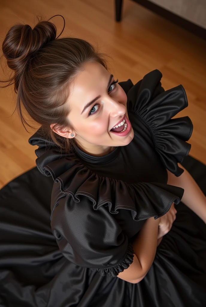 (realistic photograph close up sideways historical cheerful), (birds eye view from the female photographer) (a big bust slender waist beautiful looking smiling surprised++ kneeling damsel having an orgasm with (messy hair bun)), (she is wearing (an exaggerated elaborate shiny high neck dress with (oversized puff sleeves), (and a narrow very high reaching up to her cheeks stand-up collar) (with a gigantic ruffle on top of the collar reaching to the top of her head), (and an extremely oversized skirt), (she has her arms tied behind her back)++++, (you are the female photographer and grabbing her head and force a huge phallic shape into her wide open mouth, deepthroat, sucking)