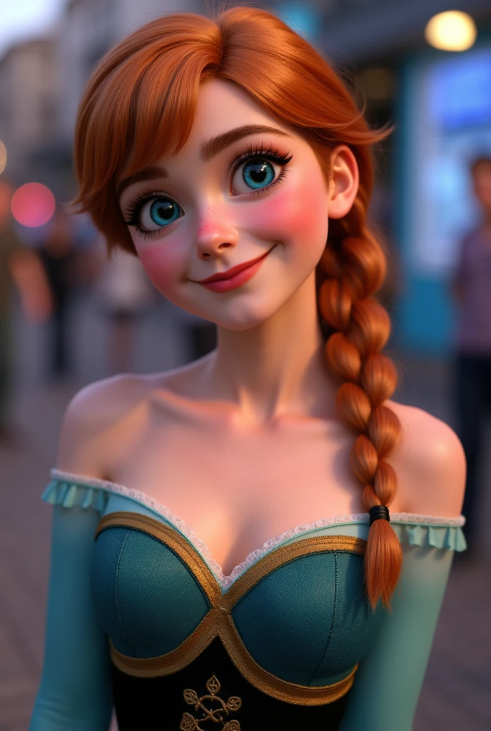 best quality, high quality, 4K, Anna-frozen , (23 years old). sexy, full body, perfect Anna-frozen  cosplay,  Anna, (seios perky), ((( perfect breasts ))), smirk:1.2, Beautiful blue eyes, (perfect irises), ((( full body)))< depth of color in your eyes ,  reddish-brown hair,  long hair , braids,  full lips , Blush,  VARIOUS POSES