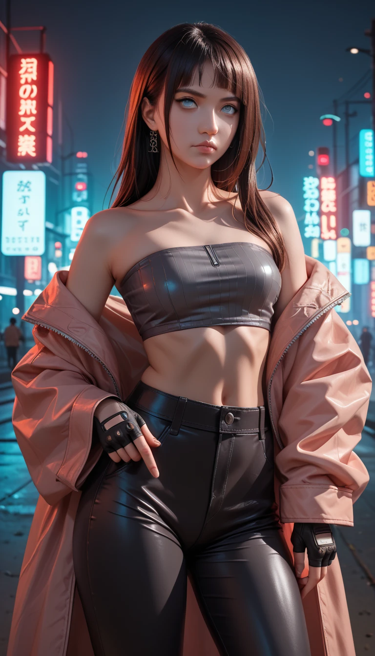       a detailed and beautiful portrait of a 16-year-old Japanese girl,    medium breasts, with healthy appearance , sexy expression,       tight clothing  , Bold poses ,      detailed embroidery     ,  belly out , Tube top, love league,      high quality, 8k,      photorealistic   ,      dramatic lighting    ,      vivid colors     ,(     masterpiece     ,       top quality     ,  :1.2),  (        dark skin wearing a futuristic tight coat     {x}       cyberpunk urban scene illuminated by neon lights       ), (Alone:1.4), (    Elegant and cool ladies        ),  (    Bright neon details      :1.3), (cyber arm, ), (fingerless gloves, ), (    serious expression     :1.1), (    Confident and relaxed poses        :1.3),  Holographic outdoor  , (     dynamic lighting     ,   Strong contrast ), (     Tight pants or skirt or dress with straps       :1.2), bare arms,   Sakura from Naruto